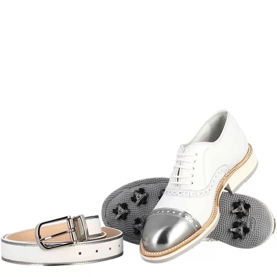 Fashion Leonardo Shoes Scarpe Golf Da Uomo Artigianali In Pelle E Dettagli In Argento Bianco