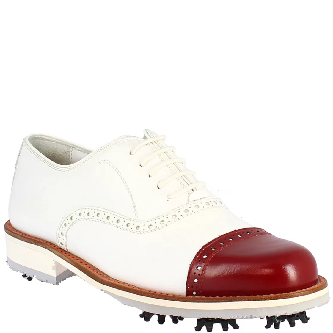 Clearance Leonardo Shoes Scarpe Golf Donna Artigianali In Pelle Bianco Con Puntale Rosso