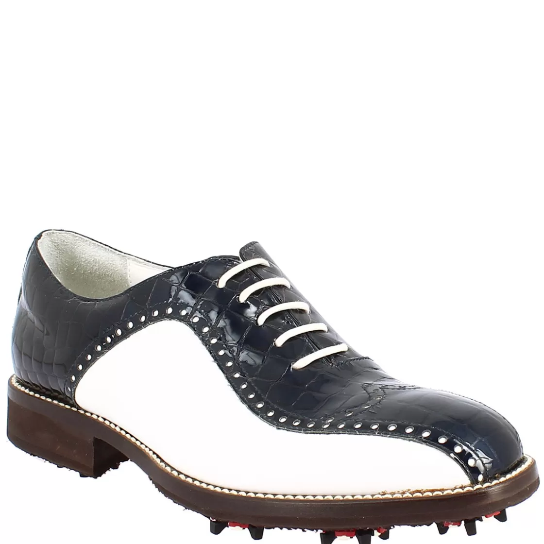 Fashion Leonardo Shoes Scarpe Golf Donna Artigianali In Pelle Pieno Fiore Bianco Cocco Blu