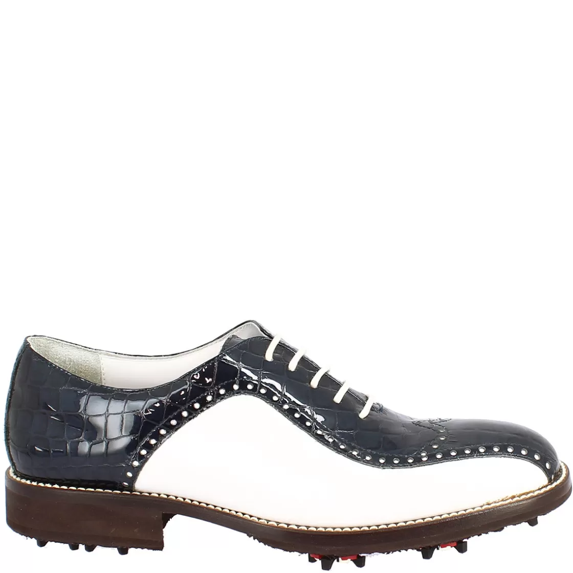 Fashion Leonardo Shoes Scarpe Golf Donna Artigianali In Pelle Pieno Fiore Bianco Cocco Blu