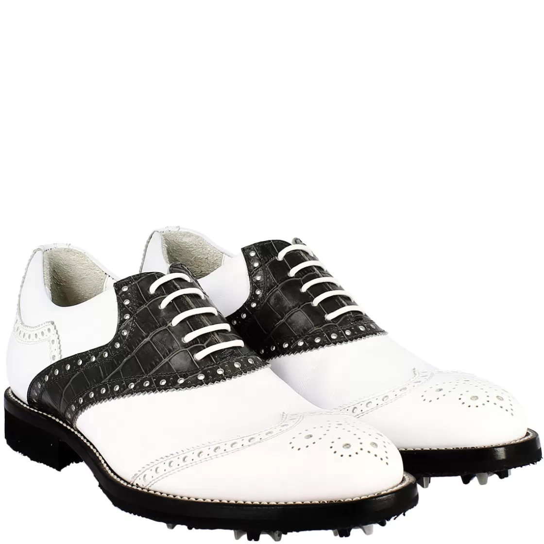 Hot Leonardo Shoes Scarpe Golf Donna Artigianali In Pelle Pieno Fiore Nero Bianco