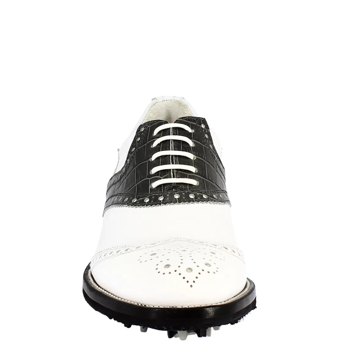 Hot Leonardo Shoes Scarpe Golf Donna Artigianali In Pelle Pieno Fiore Nero Bianco