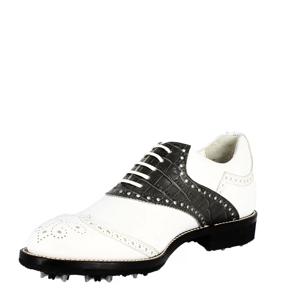 Hot Leonardo Shoes Scarpe Golf Donna Artigianali In Pelle Pieno Fiore Nero Bianco