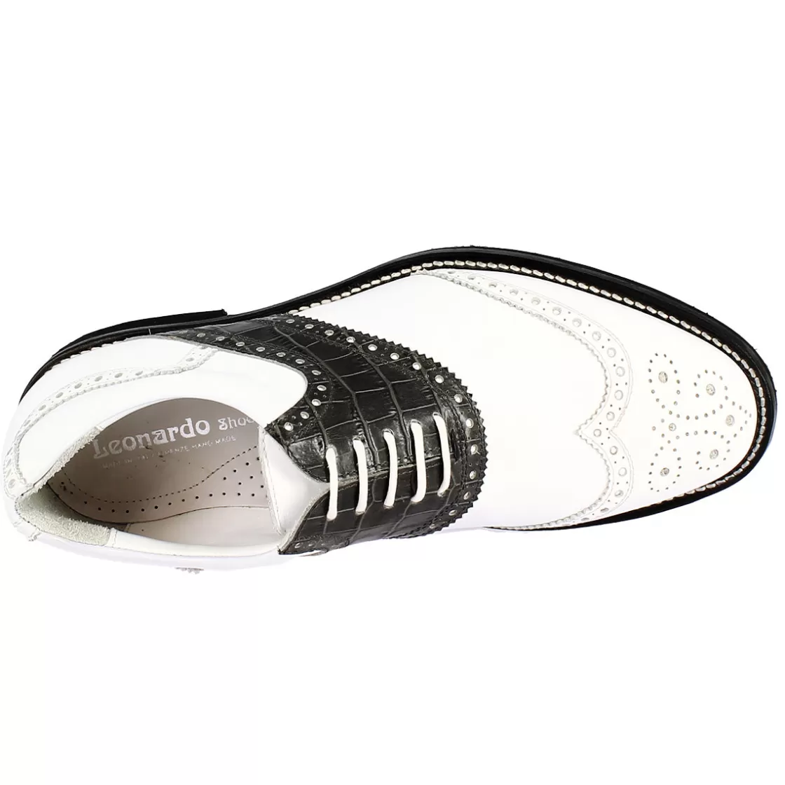 Hot Leonardo Shoes Scarpe Golf Donna Artigianali In Pelle Pieno Fiore Nero Bianco