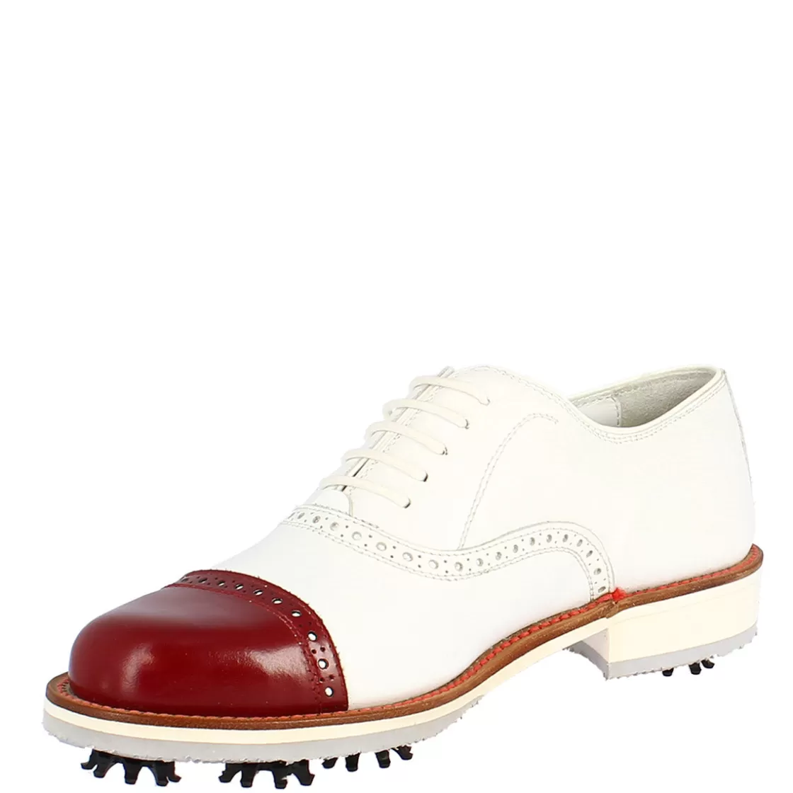 Outlet Leonardo Shoes Scarpe Golf Uomo Artigianali In Pelle Bianco Con Puntale Rosso