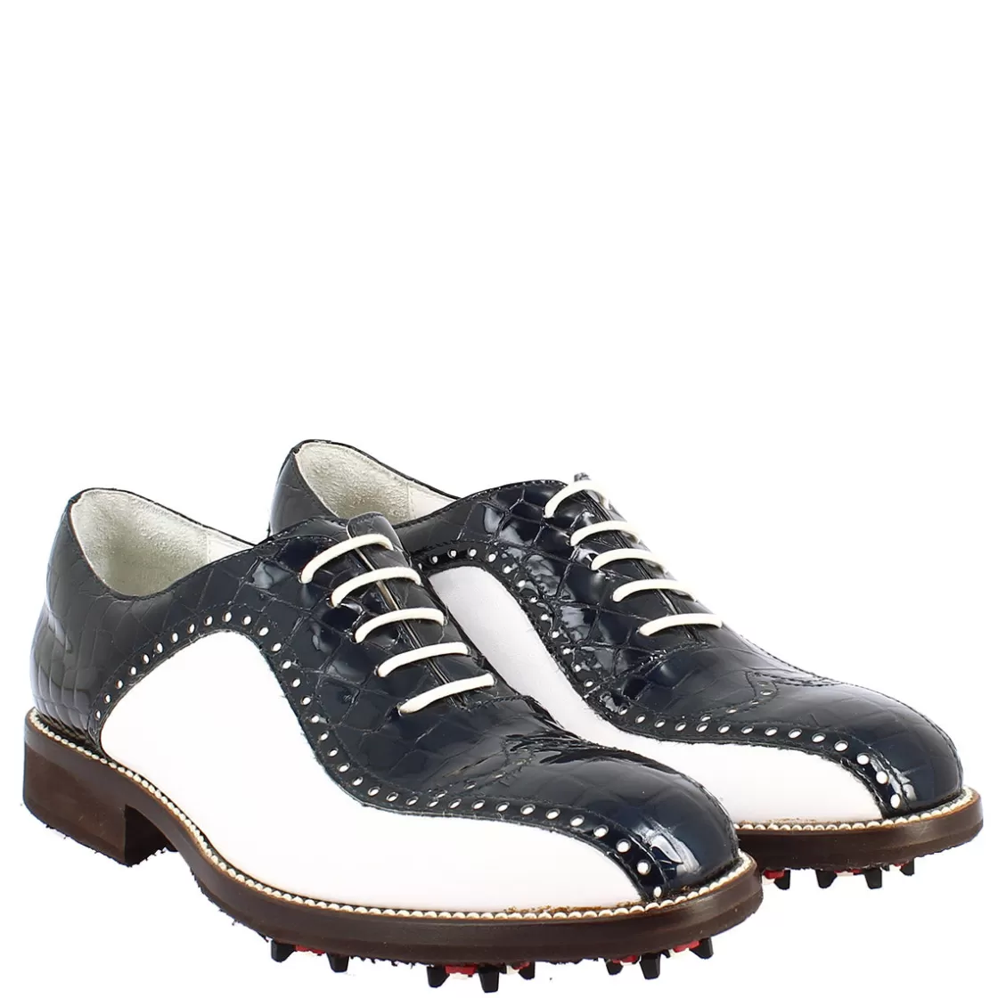 Sale Leonardo Shoes Scarpe Golf Uomo Artigianali In Pelle Pieno Fiore Bianco Cocco Blu