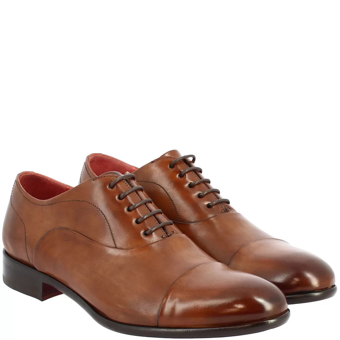 Outlet Leonardo Shoes Scarpe Stringate Da Uomo Francesine Fatte A Mano In Pelle Brandy Marrone