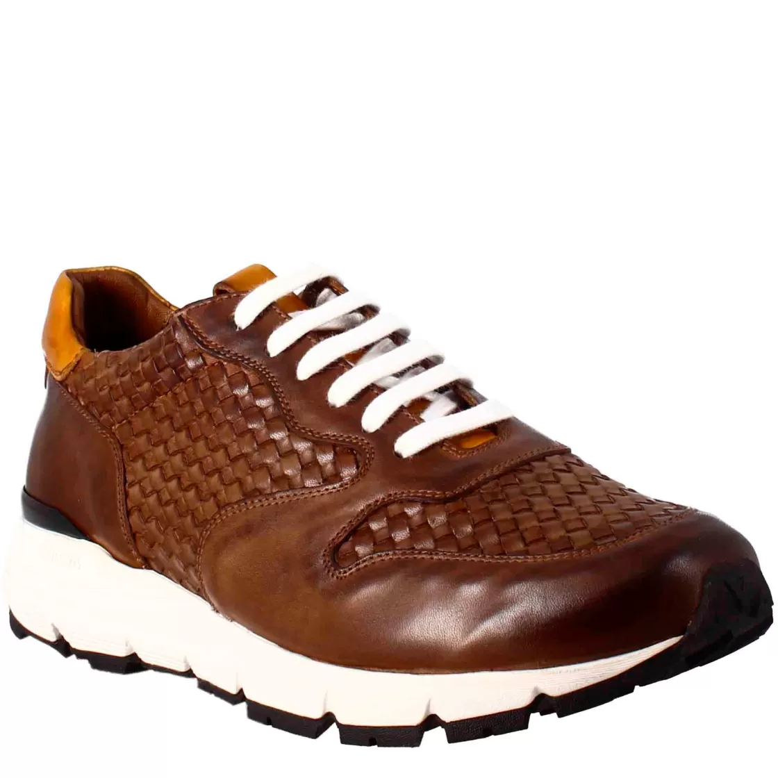 Discount Leonardo Shoes Sneaker Scuro Elegante Da Uomo In Pelle Intrecciata Marrone