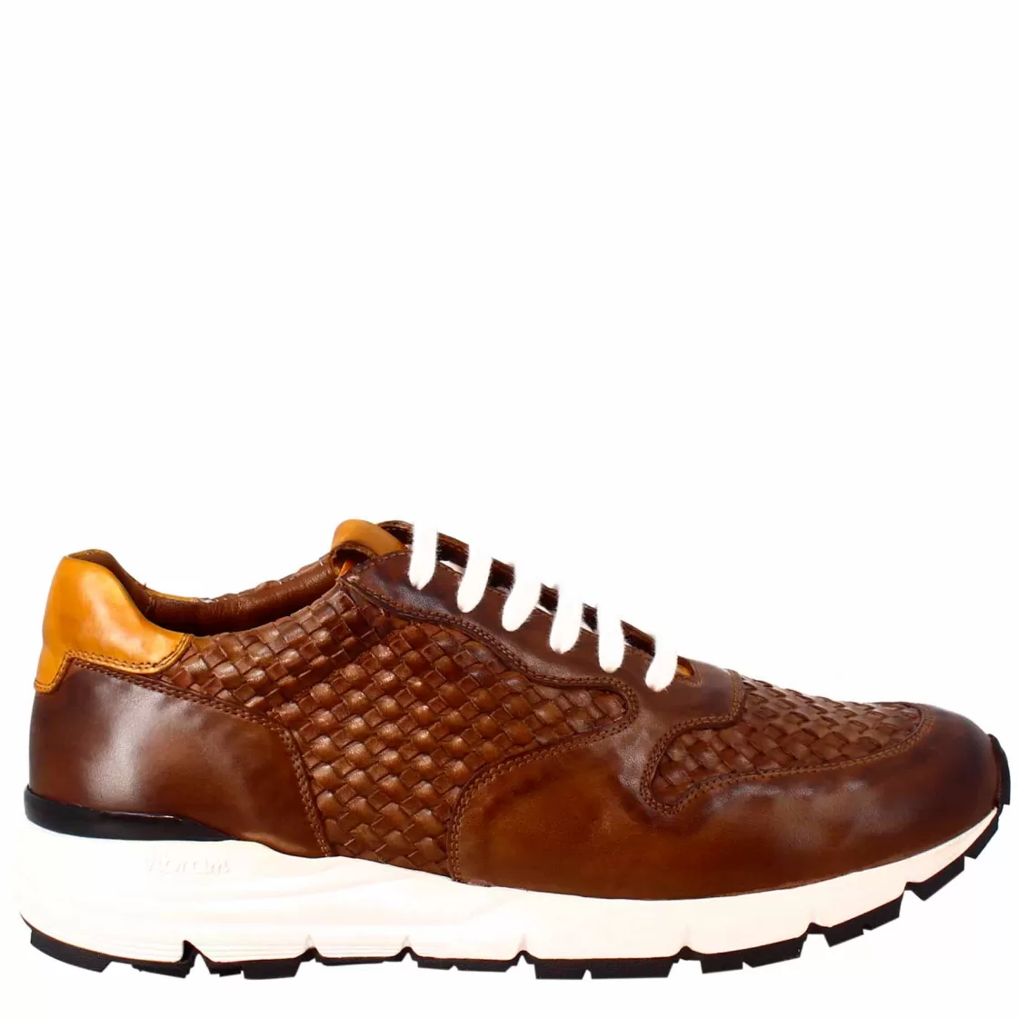 Discount Leonardo Shoes Sneaker Scuro Elegante Da Uomo In Pelle Intrecciata Marrone