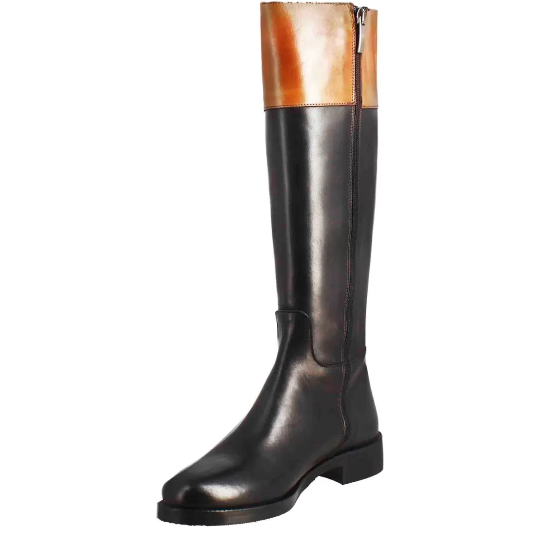 Fashion Leonardo Shoes Stivale Al Ginocchio Da Donna Liscio Con Tacco Basso In Pelle Marrone E Nero