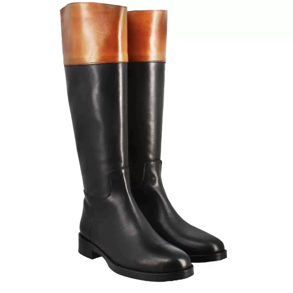 Fashion Leonardo Shoes Stivale Al Ginocchio Da Donna Liscio Con Tacco Basso In Pelle Marrone E Nero