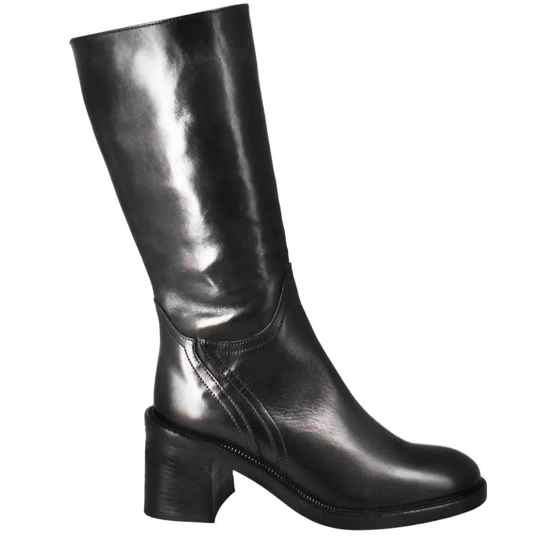 Outlet Leonardo Shoes Stivale Diver Altezza Polpaccio Da Donna Con Tacco In Pelle Lavata Color Nero