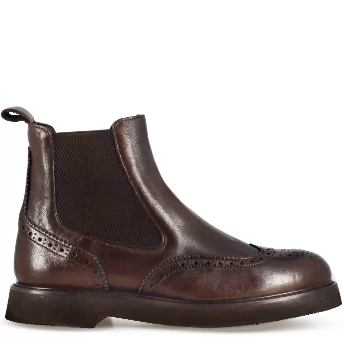 Outlet Leonardo Shoes Stivaletto Chelsea Brogue Da Donna In Vera Pelle Colore Marrone Scuro