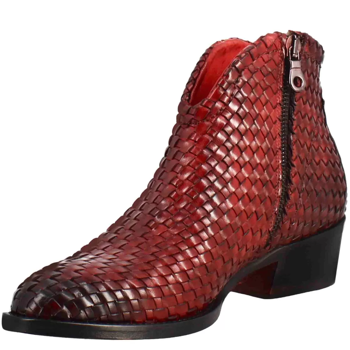 Cheap Leonardo Shoes Stivaletto Da Donna In Pelle Intrecciata Con Tacco Medio Colore Rosso