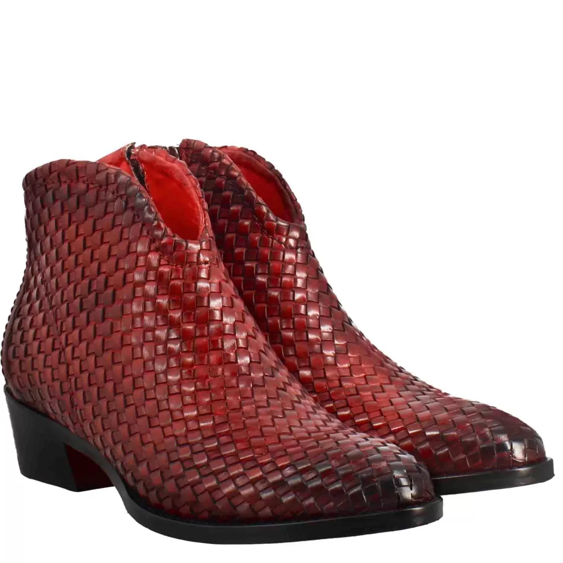 Cheap Leonardo Shoes Stivaletto Da Donna In Pelle Intrecciata Con Tacco Medio Colore Rosso