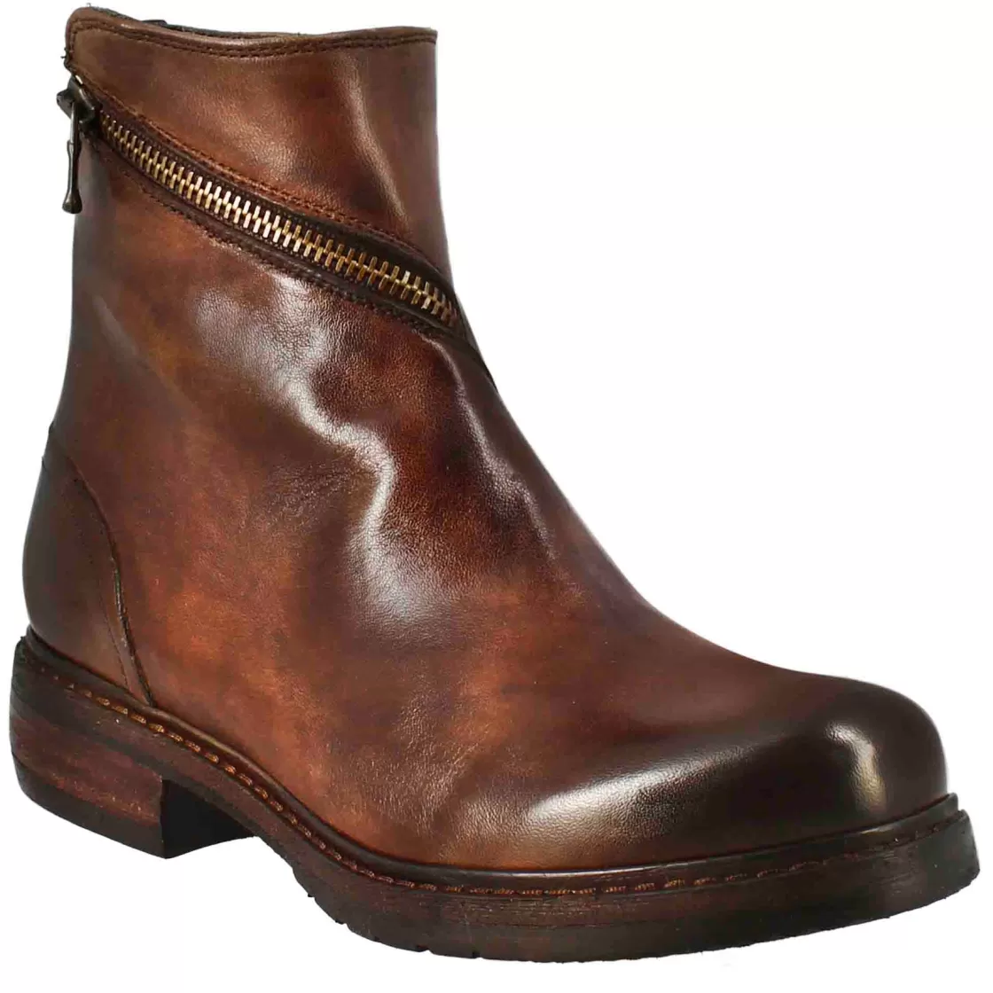 Flash Sale Leonardo Shoes Stivaletto Da Donna In Pelle Lavata Colore Con Zip Diagonale Marrone
