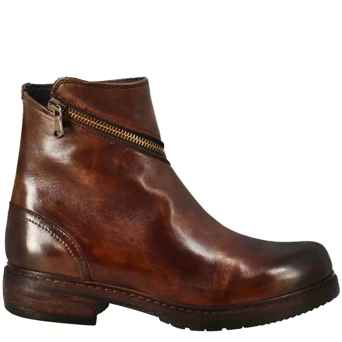 Flash Sale Leonardo Shoes Stivaletto Da Donna In Pelle Lavata Colore Con Zip Diagonale Marrone