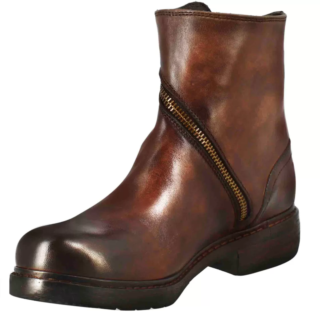 Flash Sale Leonardo Shoes Stivaletto Da Donna In Pelle Lavata Colore Con Zip Diagonale Marrone