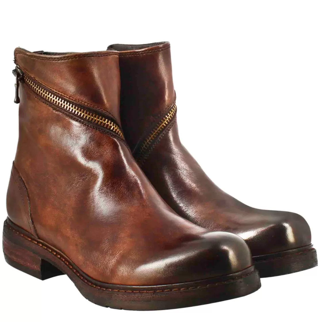 Flash Sale Leonardo Shoes Stivaletto Da Donna In Pelle Lavata Colore Con Zip Diagonale Marrone