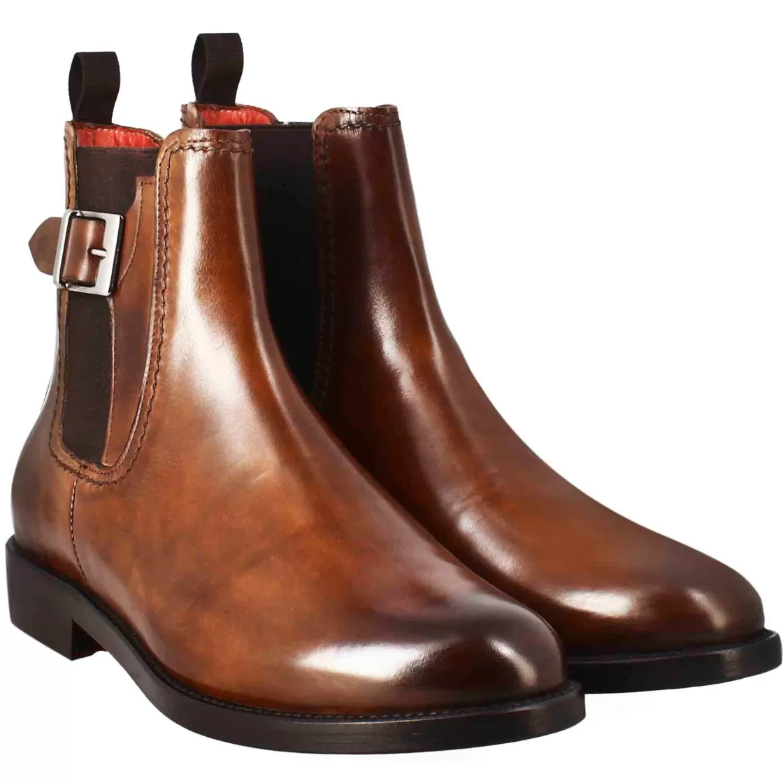 Outlet Leonardo Shoes Stivaletto Da Donna Liscio Con Tacco Basso In Pelle Liscia Colore Chiaro Con Fibbia Laterale Marrone
