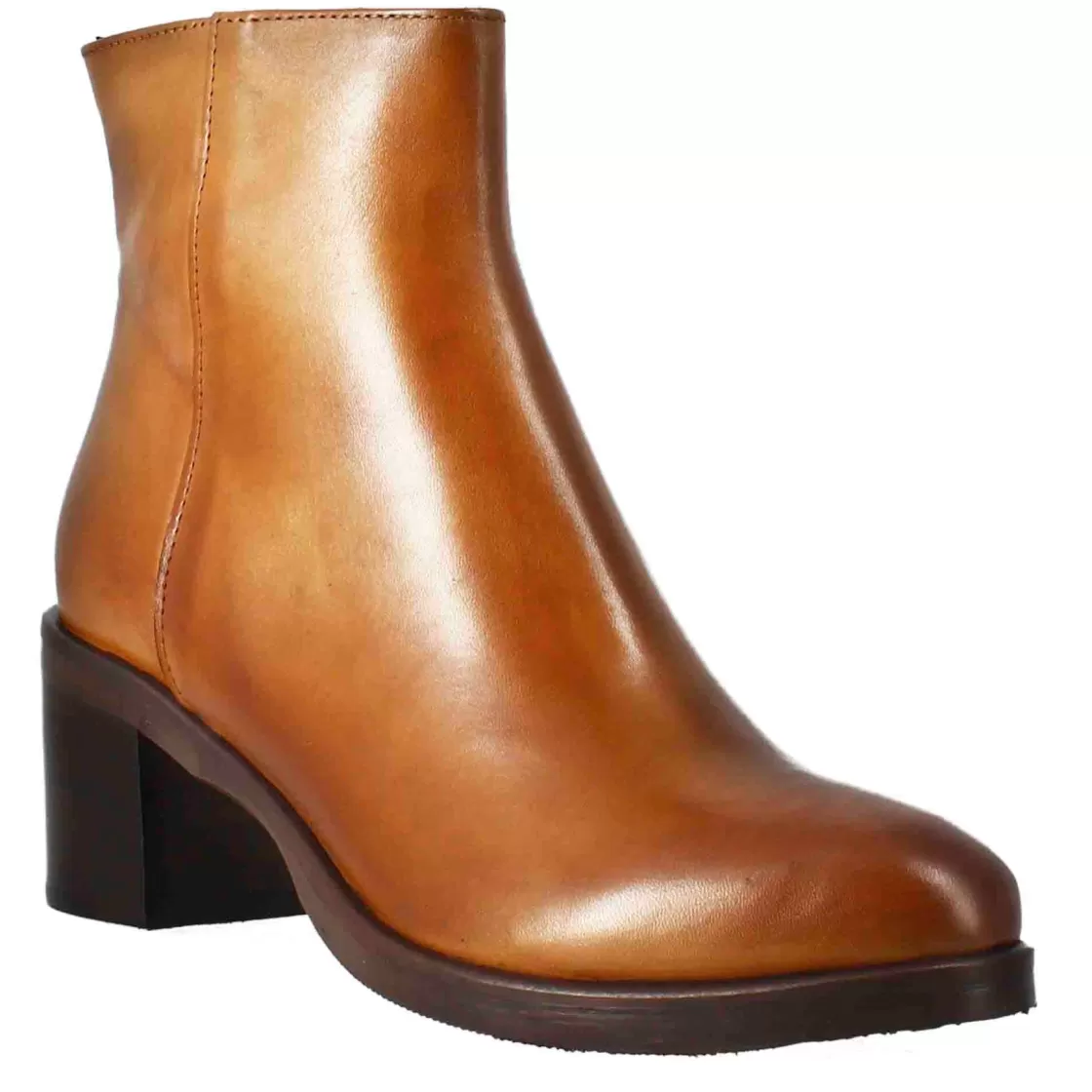 Fashion Leonardo Shoes Stivaletto Da Donna Liscio Con Tacco Medio In Pelle Marrone