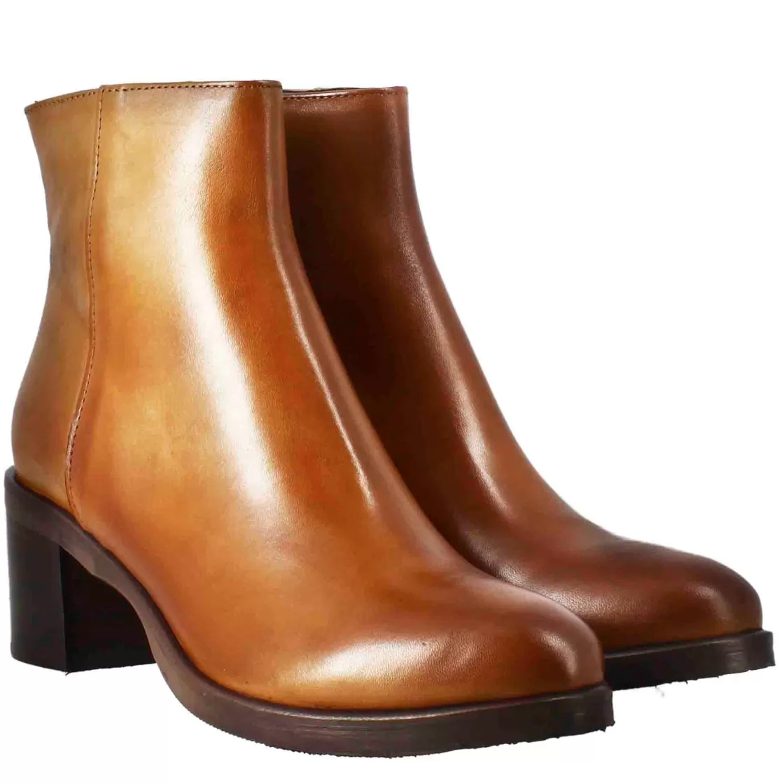 Fashion Leonardo Shoes Stivaletto Da Donna Liscio Con Tacco Medio In Pelle Marrone