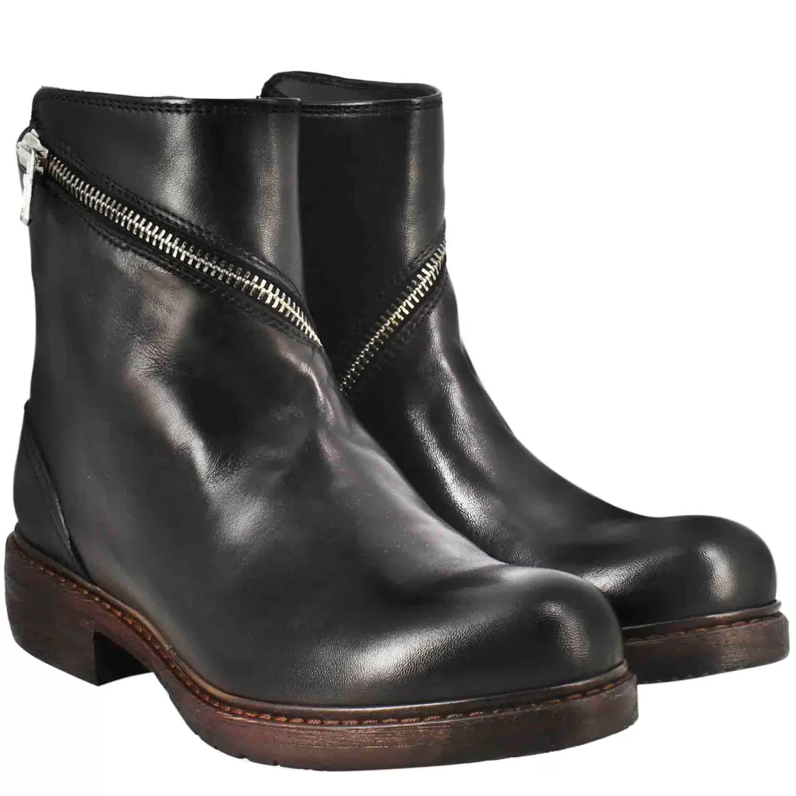 Fashion Leonardo Shoes Stivaletto Paupa Da Donna In Pelle Lavata Colore Con Doppia Zip Nero