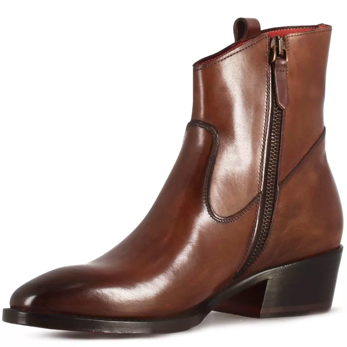 Sale Leonardo Shoes Stivaletto Sopra Alla Caviglia Stile Texano Da Donna In Pelle Colore Marrone