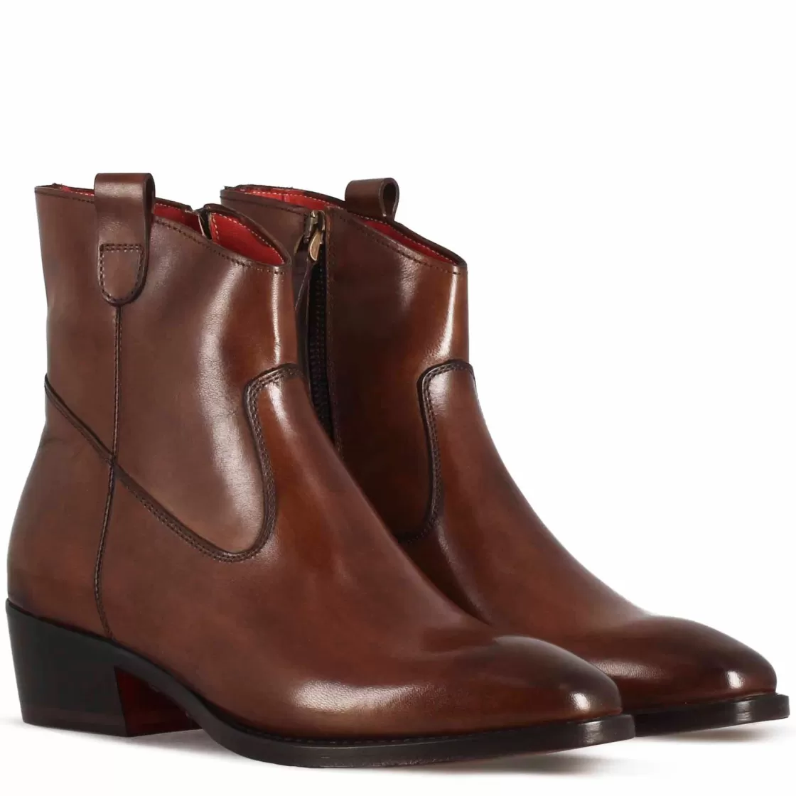 Sale Leonardo Shoes Stivaletto Sopra Alla Caviglia Stile Texano Da Donna In Pelle Colore Marrone