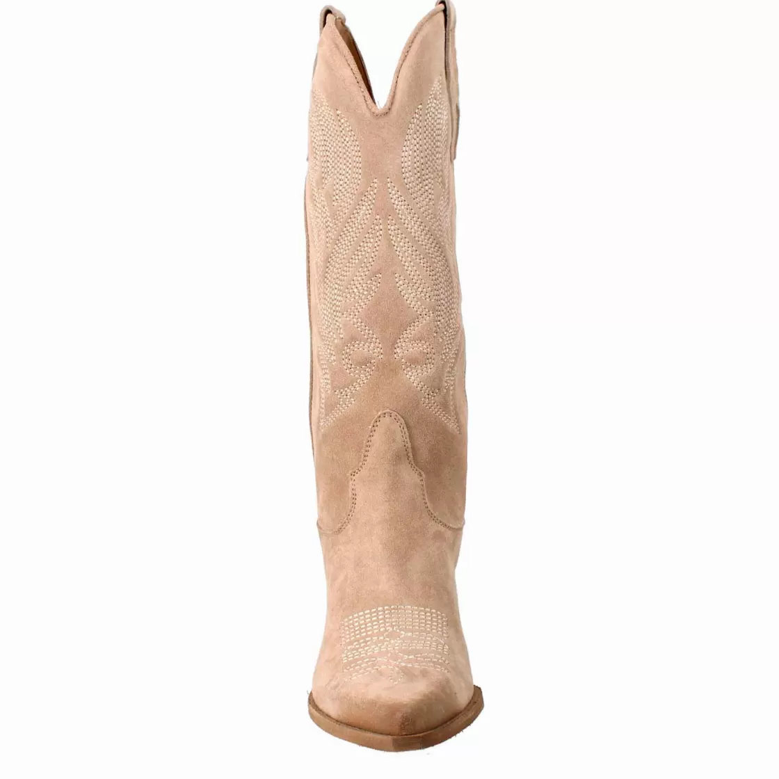 Hot Leonardo Shoes Stivali Texani Medi Da Donna In Camoscio Chiaro Con Ricami. Beige